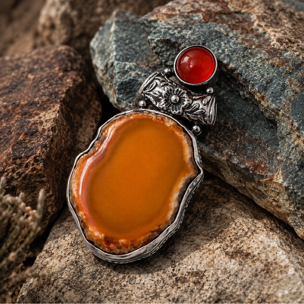 Artisan Orange Orca Agate Pendant with Red Carnelian Accent Handcrafted Organic